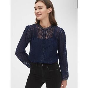 NEW GAP Lace Mockneck Top Blouse Crochet Sheer Navy Size XS Romantic Victorian